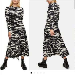Topshop Tiered Long Sleeve Zebra Print Midi Dress